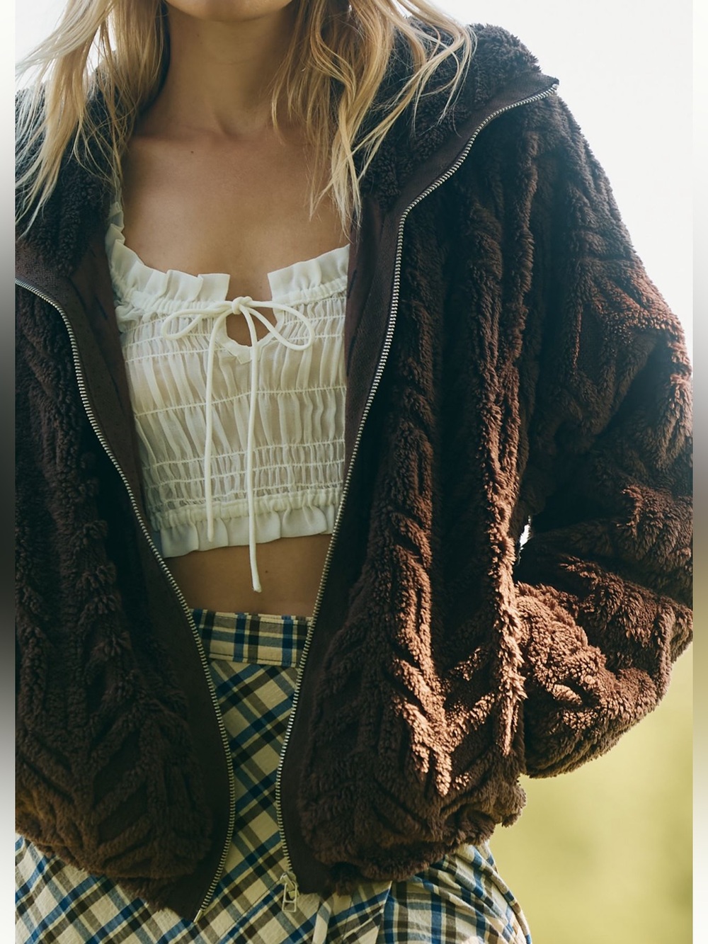 Pilcro Women's Brown Plush Teddy Zip Jacket - Cozy Everyday Layer